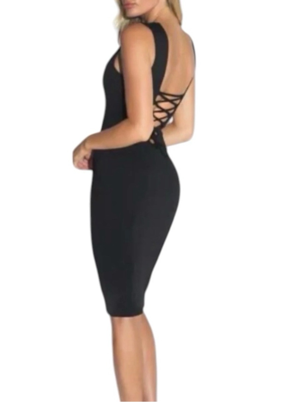 TA3 Dress Squarey Pencil Midi XL Short Length Black Open Corset Back Sculpting - Picture 2 of 7